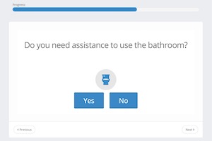 Screenshot showing question "Do you need assistance to use the bathroom?" from the Palarum electronic rounding software