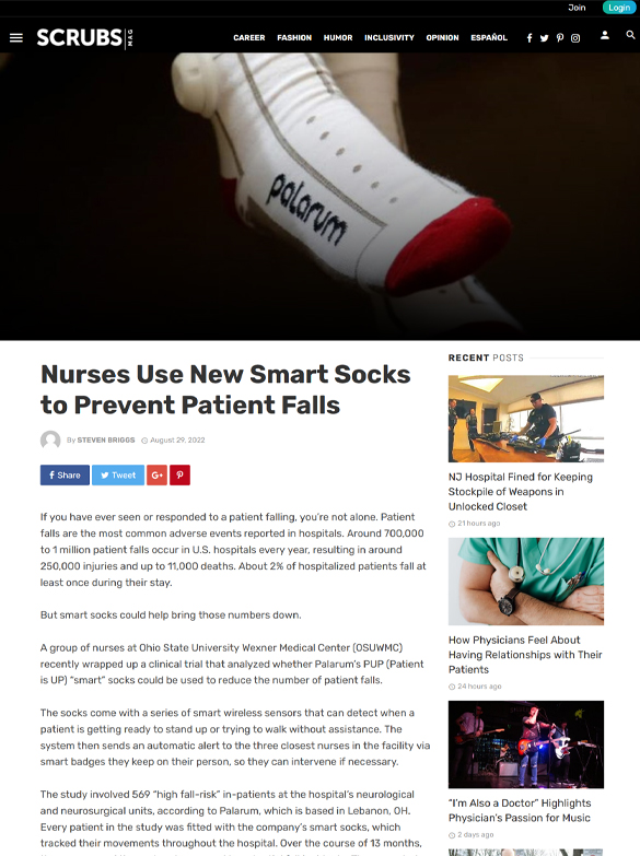 Screenshot of Scrubs article about Nurses using new Palarum smart socks